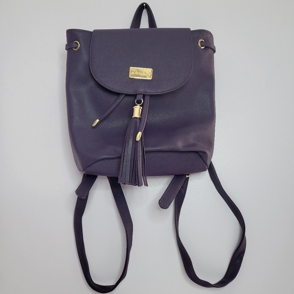 Monat Faux Leather Backpack Tote Bag Purse Purple Gold - Picture 1 of 7